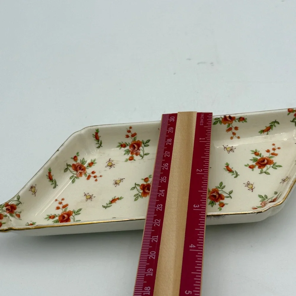 Vintage MM Japan Porcelain Trinket Dish Orange Rose Floral Gold Trim Tray